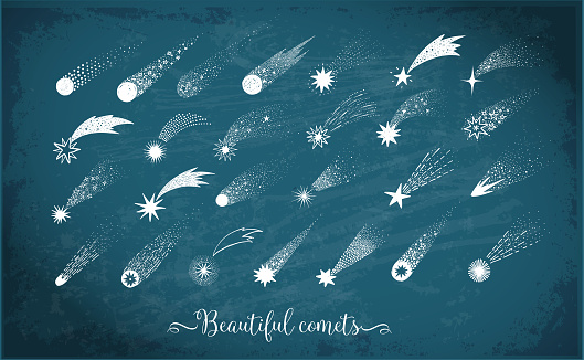 Collection of doodle comets, meteorites and shooting stars on blackboard background. Vector sketch illustration