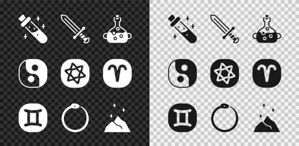 Vector illustration of Set Bottle with potion, Medieval sword, Poison in bottle, Gemini zodiac, Ouroboros, Magic powder, Yin Yang and Tarot cards icon. Vector