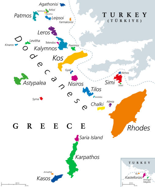 острова додеканес, группа островов греции, цветная политическая карта - greece europe sporades islands mediterranean countries stock illustrations
