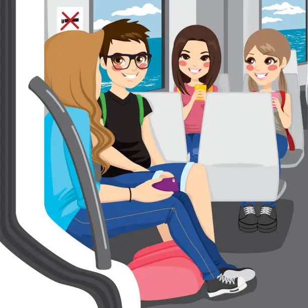 Vector illustration of Teenagers Commuting By Train