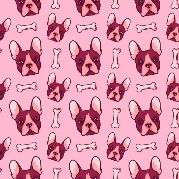 Vector illustration of Cartoon pattern with the image of a French bulldog dog's head on a pink background with the addition of dainties, bones. Vector illustration