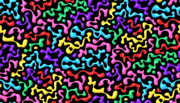 Vector illustration of Abstract seamless pattern with molten plastic 3D shapes - rainbow-colored, wavy forms for Y2K or futuristic design, vector background