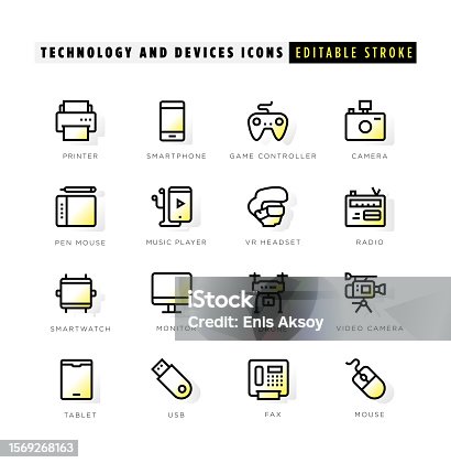 istock Technology and devices icons with yellow inner glow 1569268163