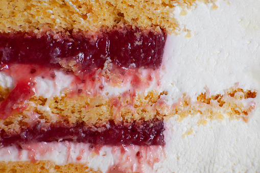 Honey cake layers with raspberry jam and white curd cream texture close up. Homemade cake slice in macro