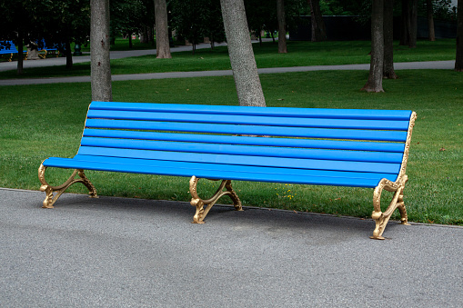 blue Wooden bench in the city park.