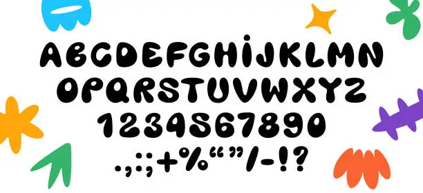 Vector illustration of Y2K bubble style vector font - plump, rounded English alphabet and numbers in 2000s graffiti style