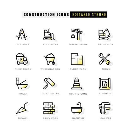 Construction icons with yellow inner glow