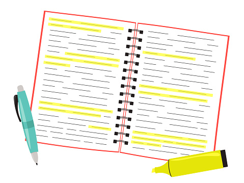 Notepad with a written summary, the lines are highlighted with a yellow highlighter