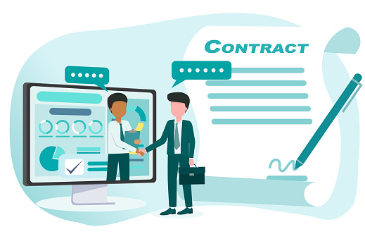 Online business ideas. Two business partners shake hands on a laptop screen, sign contracts, make deals, develop, organize, plan, invest for more profit. Vector illustration Eps10.