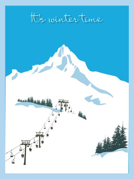 Vintage winter ski poster. Winter background. Mountain landscape with ski lift. Refined interior solution