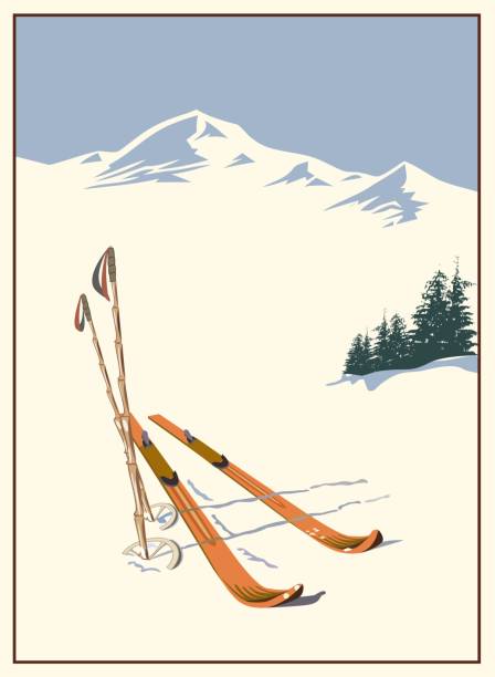 Vintage winter ski poster. Vintage wooden skis with bamboo ski poles on ski track against winter mountains background. Refined interior solution. Vintage winter ski poster. Vintage wooden skis with bamboo ski poles on ski track against winter mountains background. Refined interior solution skiing and snowboarding stock illustrations
