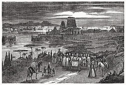 King Nebuchadnezzar deports the Israelites to Babylon (2 Kings 24). Wood engraving, published in 1835.