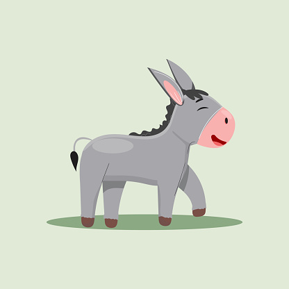 Adorable cartoon illustration of a smiling donkey character  on green background.