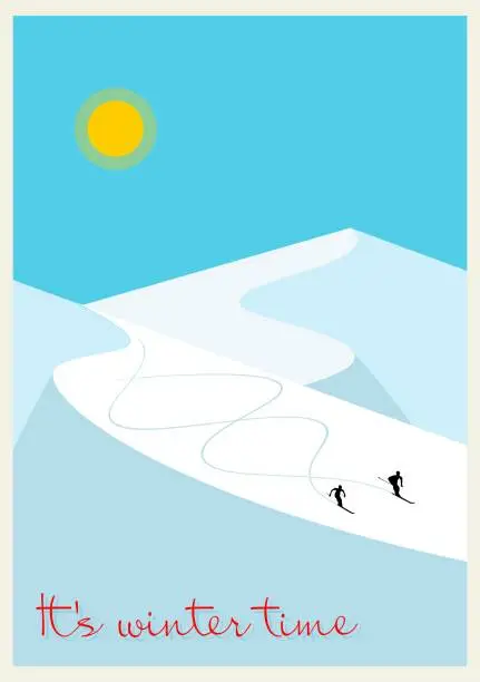 Vector illustration of A minimalistic winter mountain landscape with two skiers. The concept poster of a ski resort. For websites, wallpapers, posters or banners.