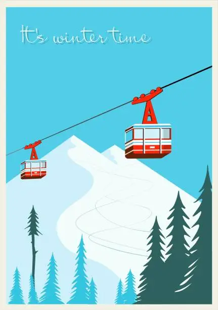 Vector illustration of Vintage Winter cartoon background, poster. Red ski Lift Gondolas moving in Snow Mountains