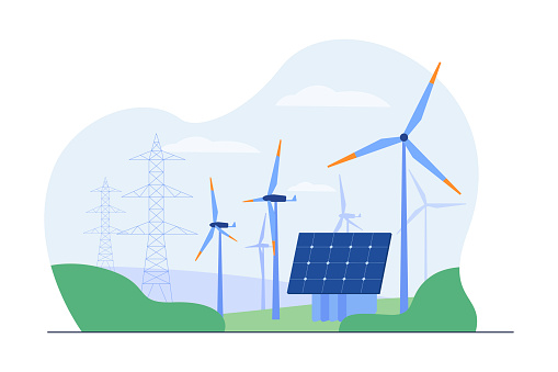 Alternative energy sources vector illustration. Improvement of solar power panels, wind turbines, hydroelectric dams for combating climate change. Renewable energy, sustainability, ecology concept