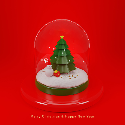 Merry Christmas and Happy New Year. Christmas winter snow glass ball, transparent dome. Realistic 3d design Xmas green tree in snow, gift box and snowman. Image 3D rendering.