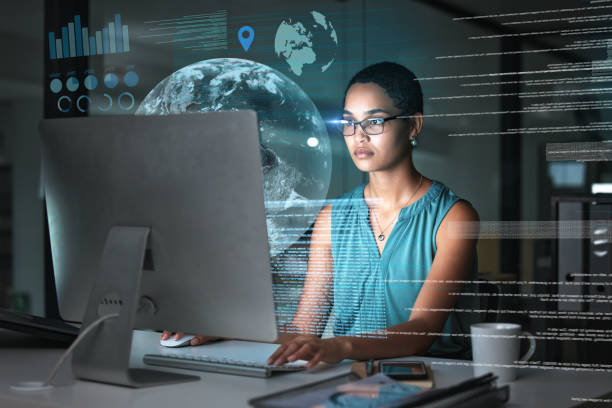 istock Computer hologram, global network and woman reading data analysis of earth communication, world networking or chart. Futuristic night overlay, planet ui hud or African media employee working overtime 1569349067