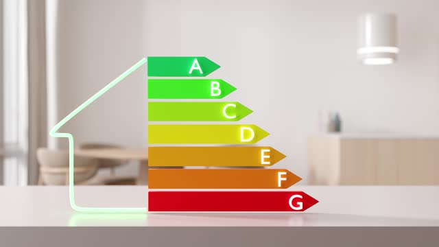 Energy efficiency rating chart and home interior. Ecological and bio energetic house. Energy class, performance certificate, rating graph. Eco friendly, energy saving. Animated 3D rendering.