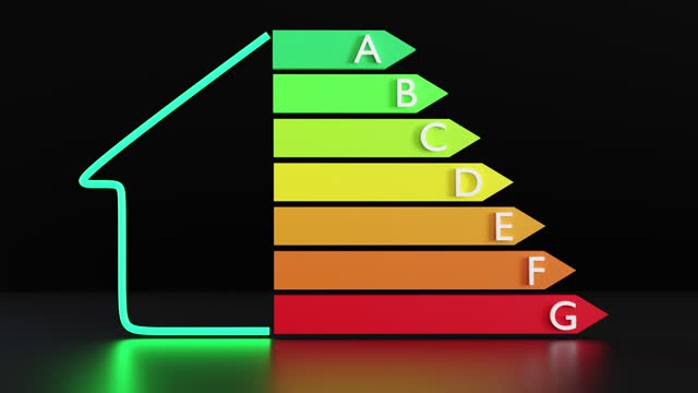 Energy efficiency rating chart and house on black background. Ecological and bio energetic home. Energy class, performance certificate, rating graph. Eco friendly, energy saving. 3d rendering.