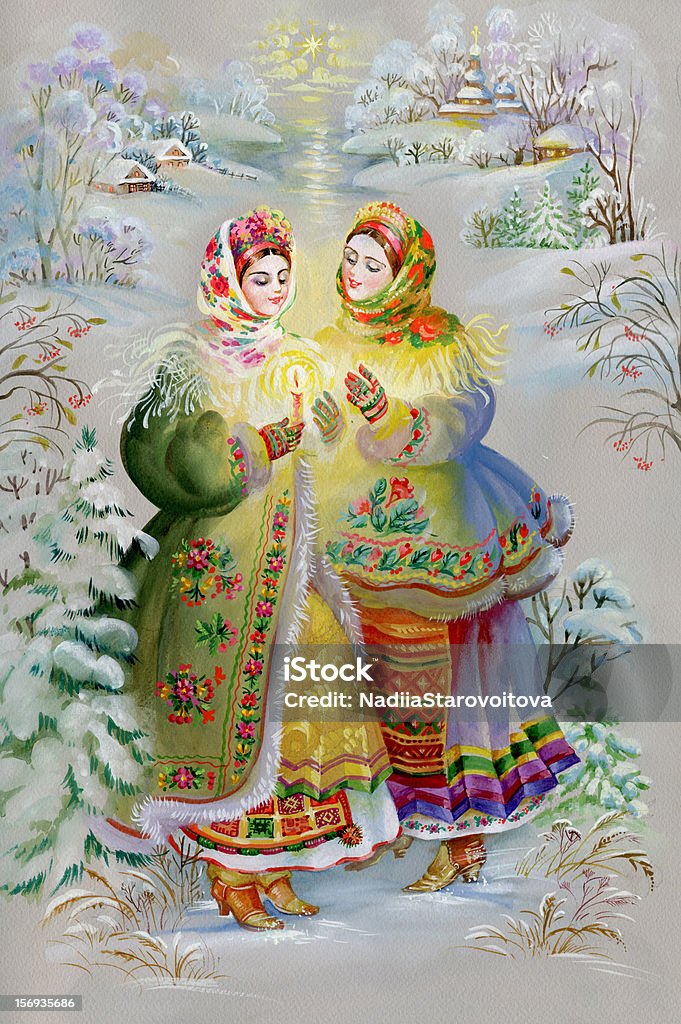 Young girls in traditional costume Two beautiful young Ukrainian girl in national dress with a candle Candle stock illustration