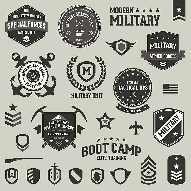 Military badges and symbols Set of military and armed forces badges and labels. military patterns stock illustrations