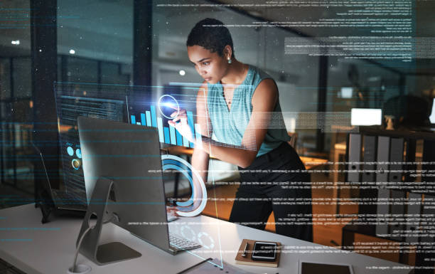 istock Computer, hologram hud or business woman pointing at future administration ui, network research chart or graph. Digital transformation dashboard, night overlay or African person work on data analysis 1569365295