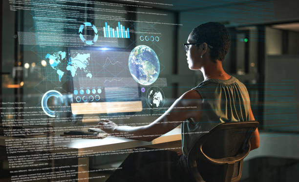 istock Computer, global analytics hologram or woman review finance data, stock market database or futuristic overlay. Forex investment hud, ecommerce back view or night trader trading NFT, bitcoin or crypto 1569366339