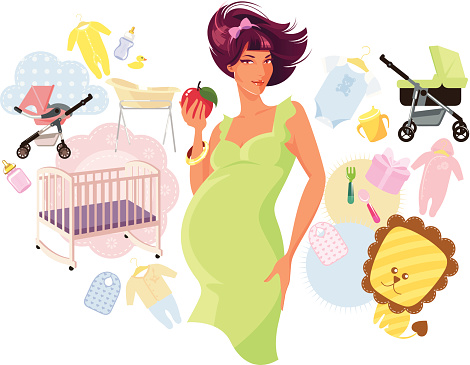 Pregnant woman with baby related items around. Eps and hi-res jpg.