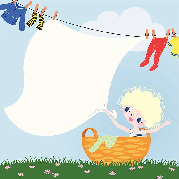 Vector illustration of Child and Clothes Basket