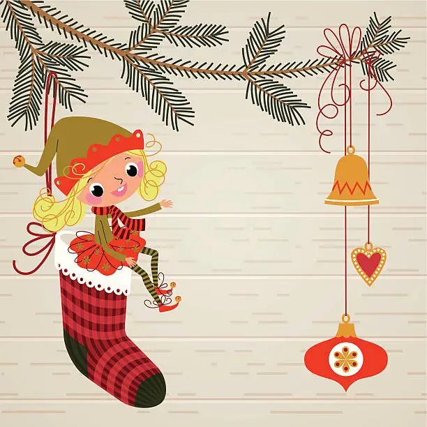 Vector illustration of Christmas Elf and Sock