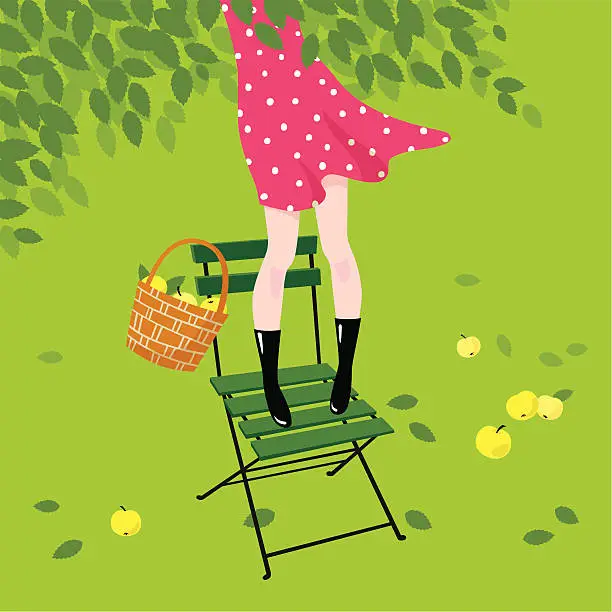 Vector illustration of Girl gathers apples.