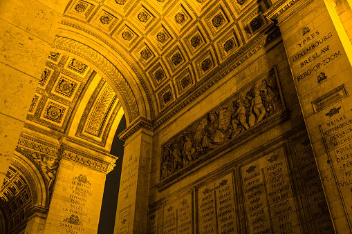 Interior wall inscriptions at the Arc de Triomphe on The Place Charles de Gaulle in Paris, France.