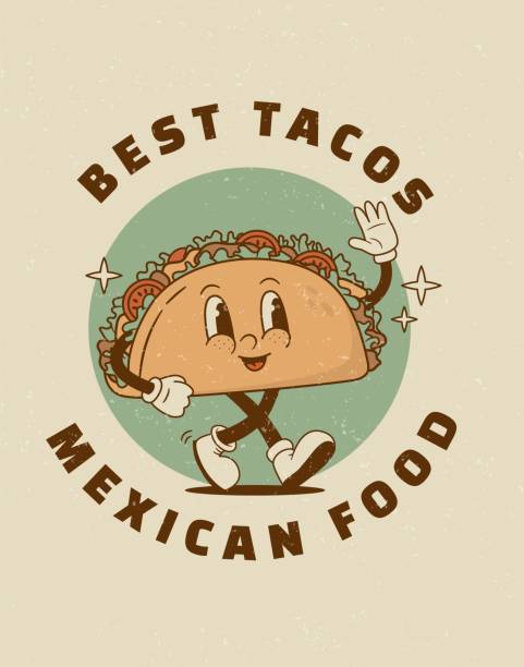 Retro cartoon funny taco character poster. Retro cartoon funny taco character poster. Vintage Mexican street food mascot vector illustration. Nostalgia 60s, 70s, 80s taco-drawing stock illustrations