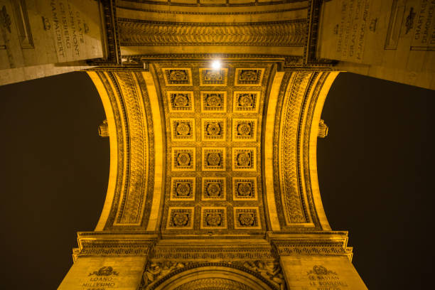 освещенная триумфальная арка этуаль на площади шарля де голля в париже, франция - paris france night charles de gaulle arc de triomphe стоковые фото и изображения