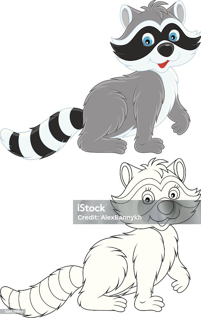 Raccoon Friendly smiling racoon, color illustration and black and white outlined drawing on a white background Animal stock vector