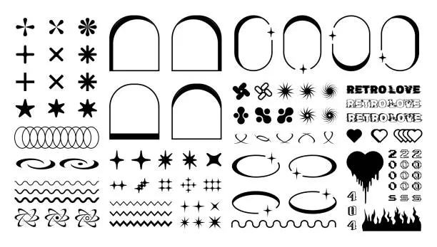 Vector illustration of Retro shapes and frames, y2k graphic design elements, vector collection of 2000s graphic geometric forms, signs and symbols.