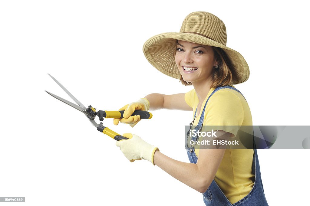 Gardener mulher com tesouras de Tesouras para aparar sebes isolado em fundo branco - Royalty-free Fundo Branco Foto de stock