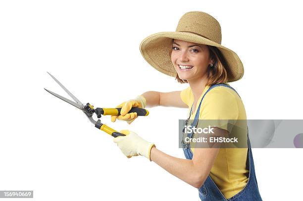 Gardener Mulher Com Tesouras De Tesouras Para Aparar Sebes Isolado Em Fundo Branco - Fotografias de stock e mais imagens de Fundo Branco