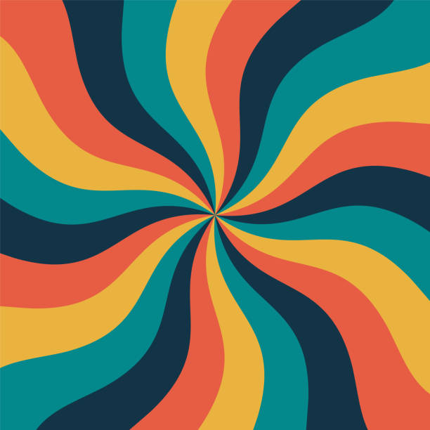 70s retro wavy background. Vintage colorful sunburst backdrop. Geometric starburst summer pattern. Sun rays swirl radial lines. Psychedelic hypnotic spiral wallpaper. Twirl banner Vector illustration colorful paper windmill toy stock illustrations