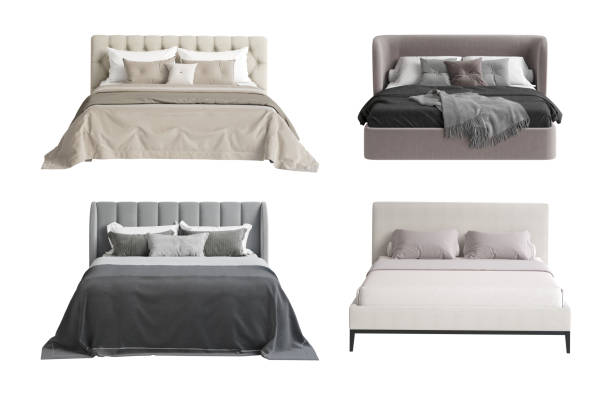 un conjunto de cuatro camas diferentes. vista frontal. cama beige clara con colcha beige, cama gris con colcha negra, cama rosa apagada con cuadros grises con borlas, cama minimalista moderna beige claro - cabeceros tapizados grises fotografías e imágenes de stock