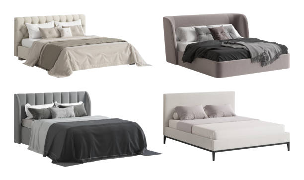 istock A set of four different beds. Front view. Light beige bed with beige bedspread, gray bed with black bedspread, muted pink bed with gray plaid with tassels, light beige modern minimalist bed. 1569417996
