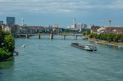 July 18, 2023, Basel, Switzerland, View on the Rhine River and medieval city area, Basel, Switzerland