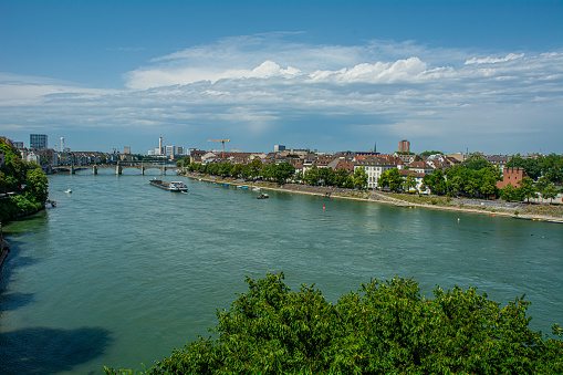 July 18, 2023, Basel, Switzerland, View on the Rhine River and medieval city area, Basel, Switzerland