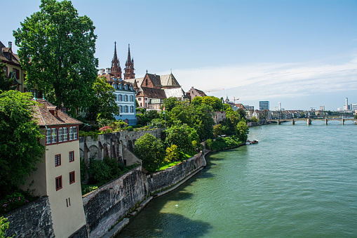 July 18, 2023, Basel, Switzerland, View on the Rhine River and medieval city area, Basel, Switzerland