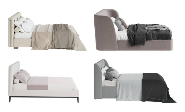 istock A set of four different beds. Side view. Light beige bed with beige bedspread, gray bed with black bedspread, muted pink bed with gray plaid with tassels, light beige modern minimalist bed. 1569430955