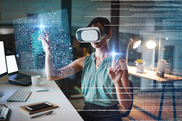 istock Woman, coding and night with vr double exposure, hologram graphic or web design planning for cybersecurity. Developer, augmented reality glasses or future cloud computing at office with metaverse ux 1569434162