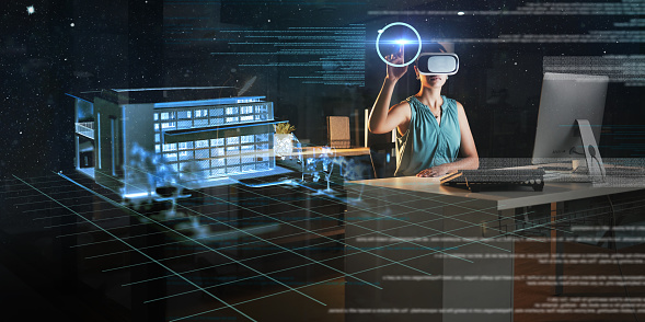 Night, overlay or business woman in virtual reality or vr glasses for a 3d experience in a dark office. Future, metaverse technology or employee networking with a futuristic digital online innovation