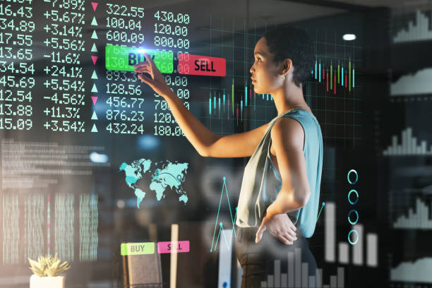 istock Hologram analytics, stock exchange pointing or woman buy financial share, future IPO database or night ui overlay. Forex investment, data analysis hud or African broker trading NFT, bitcoin or crypto 1569435222