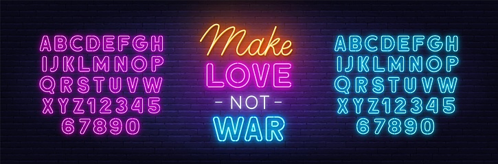 Make love not war neon lettering on brick wall background,. Pink and blue neon alphabets.